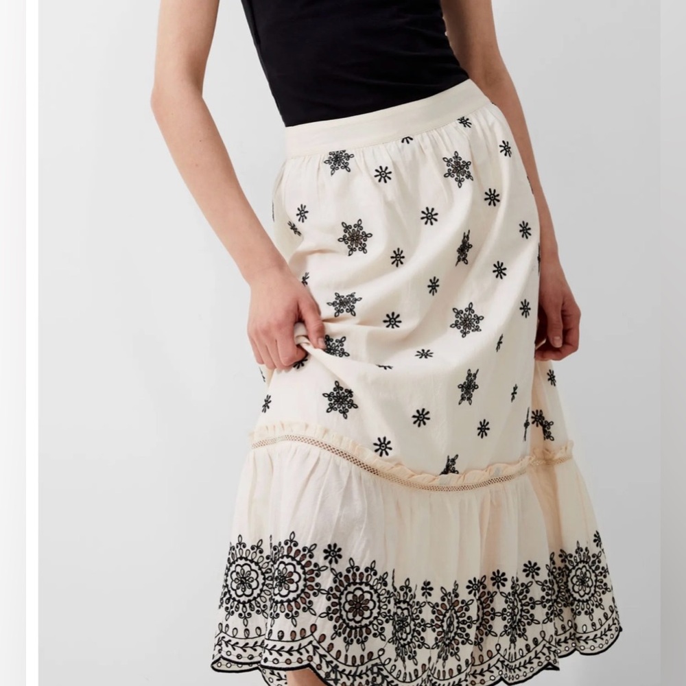Felicity Eyelet Embroidered Cotton Skirt Embroidered  with Black Floral